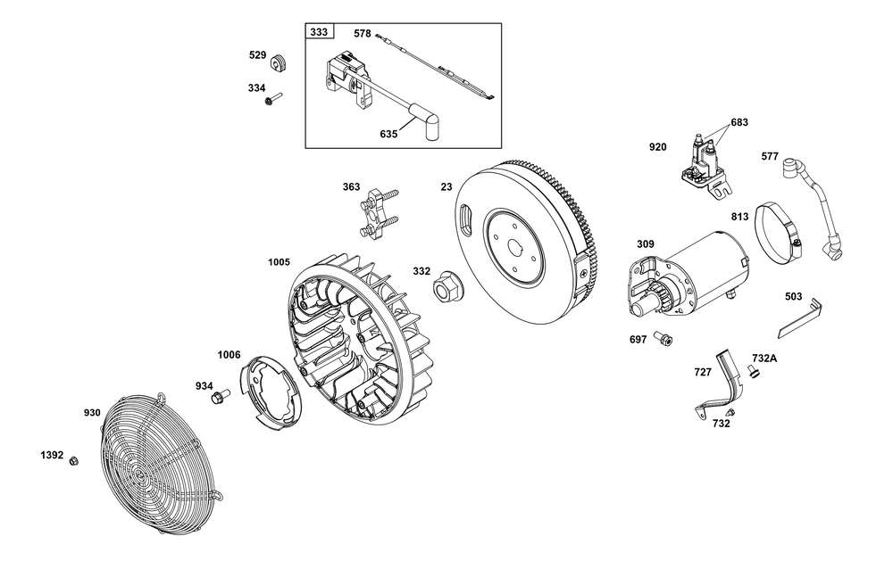 Flywheel, Ignition, And Starter Group Diagram and Parts List for 356447-3542-G1 200000 - 399999 Briggs and Stratton Engine